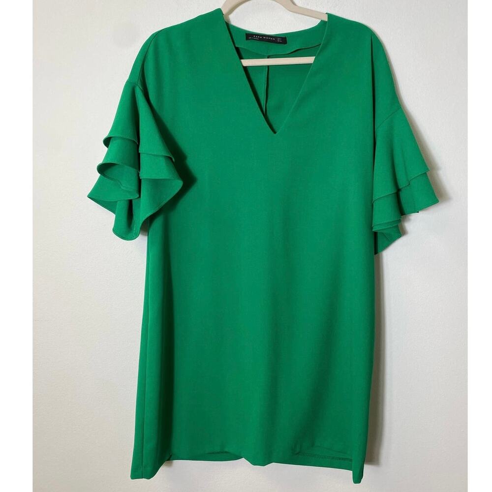 Zara Green V-Neck Midi Dress with Ruffle Sleeves